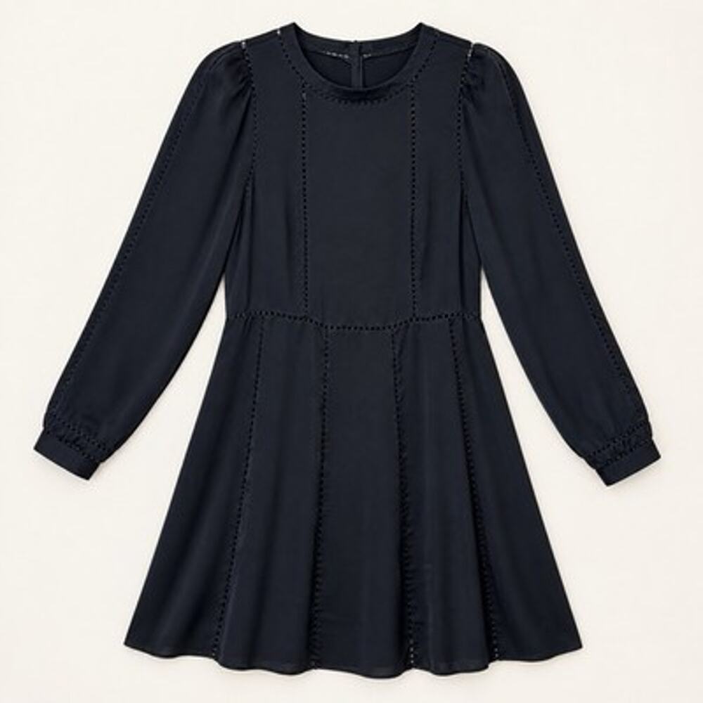 Allsaints Frieda Sheath Dress US 8 UK 12 Silky Satin Dark Blue Long Sleeve
